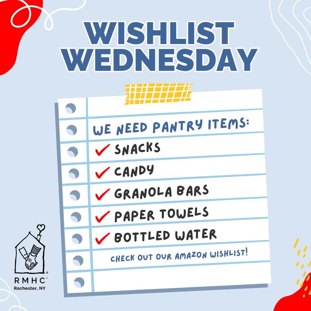 It's Wishlist Wednesday!✨

This week we’re in need of some simple pantry items to include in going-home discharge bags. 

Items can be found on our Amazon Wishlist or delivered to 333 Westmoreland Drive, Rochester, NY 14620. 

We greatly appreciate your help as we restock! 💌