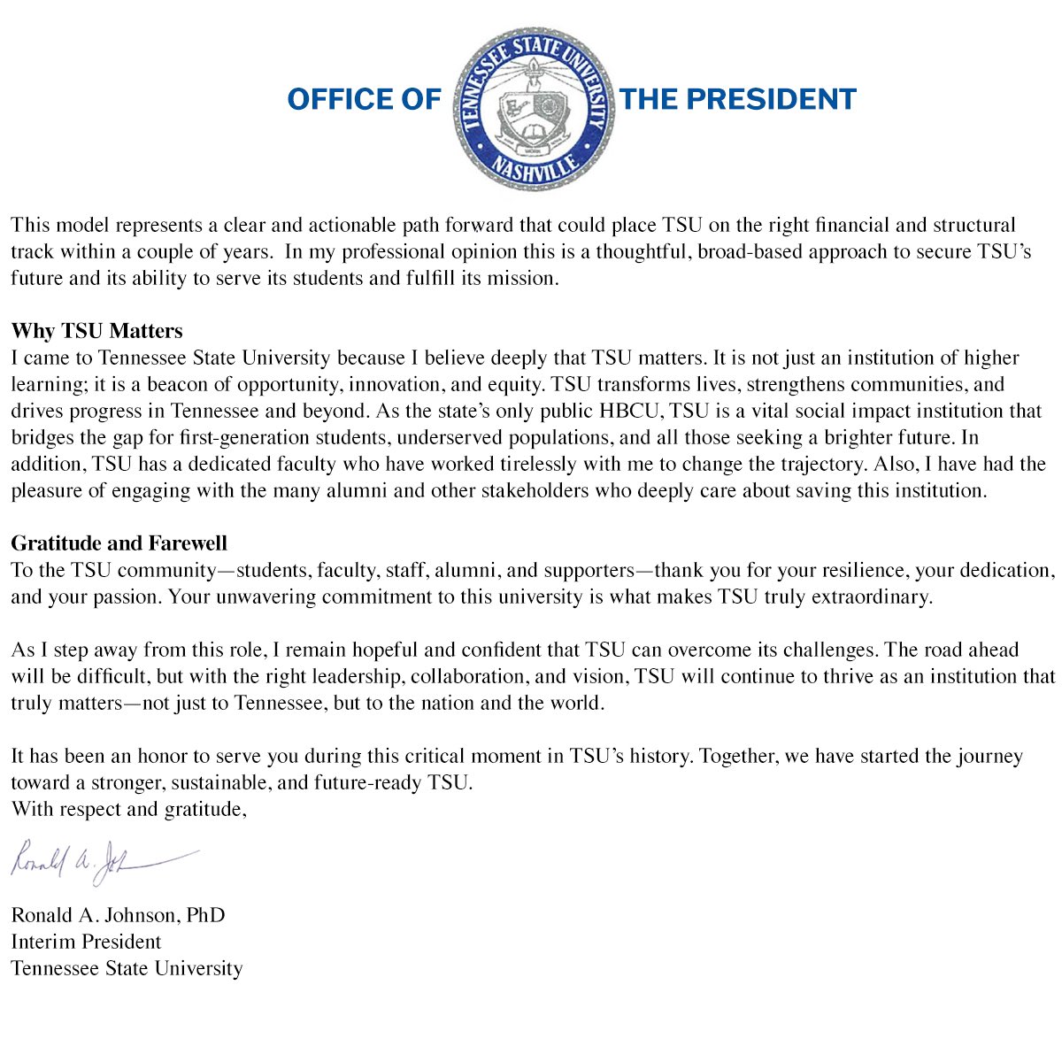 Today, we share a heartfelt letter from Interim President Ronald Johnson, announcing his resignation after over 120 impactful days of leadership.  

1/4