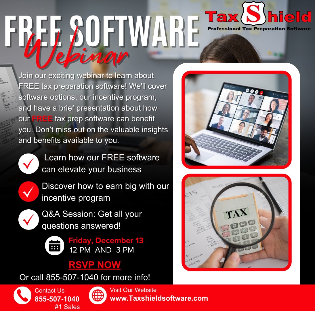 TaxShield1040's tweet photo. Event Details:
Date: December 13th
Time: 12PM and 3PM

**Reserve Your Spot Now:
https://t.co/G4ovNyizo6

Call us at 855-507-1040 #1 SALES for more information.

Spots are limited, so act fast to unlock the full potential of your tax business with Tax Shield Software! https://t.co/GKnIzyQyJj