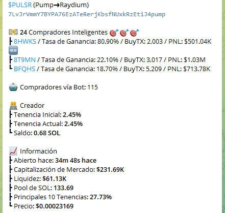 $PULSR 

CA:
7LvJrVmmY7BYPA76EzATeRerjKbsfNUxkRzEtiJ4pump 

unirse grupo:
t.me/ToroGambles 

bot comprar:
t.me/dogeebot_bot?s…