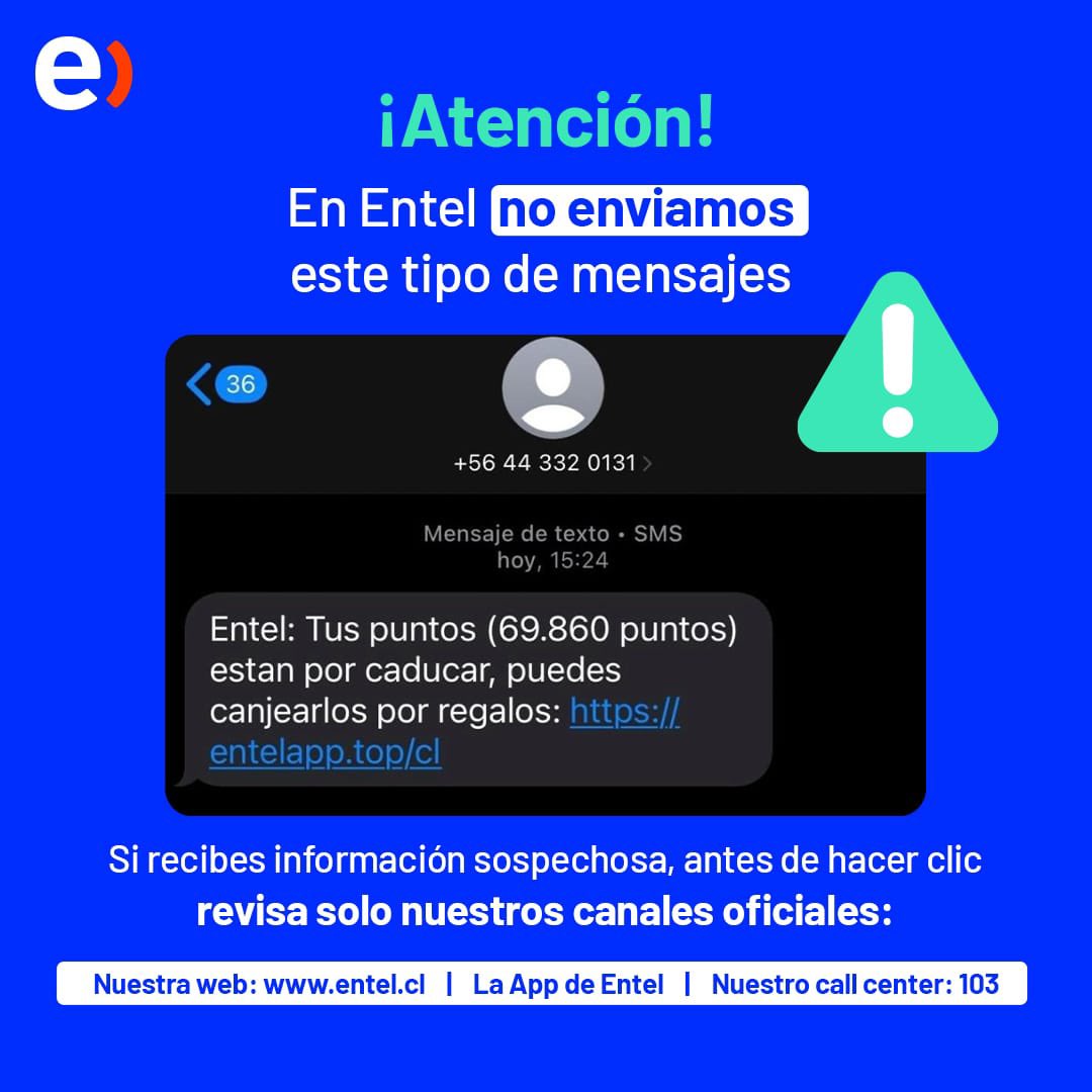 entel's tweet image. En Entel siempre estamos compartiendo recomendaciones para ayudarte a navegar de forma segura por internet.

Si recibes información sospechosa, te sugerimos que revises solo nuestros canales oficiales:
•entel.cl
•App de Entel
•Llamando al 103