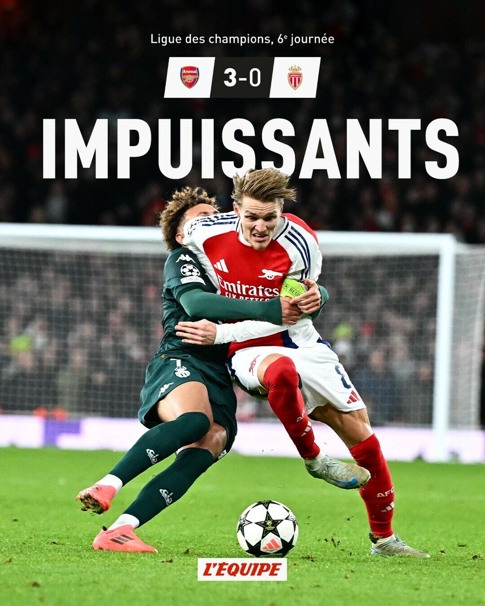 lequipe's tweet image. Les Monégasques s&apos;inclinent sèchement sur la pelouse d&apos;Arsenal. 

#ARSASM