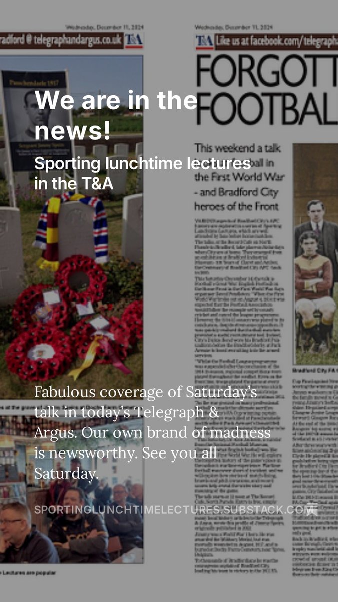 David Pendleton (@davidpendleton0) on Twitter photo Fabulous coverage in <a href="/Bradford_TandA/">Telegraph & Argus</a> thanks <a href="/EmmaC_TandA/">Emma Clayton</a> See you Saturday <a href="/TheRecordCafe/">The Record Café</a> <a href="/DrAlexJack1/">Dr Alexander Jackson</a> #bcafc #STFC #Bradford #WW1
open.substack.com/pub/sportinglu… Fabulous coverage in <a href="/Bradford_TandA/">Telegraph & Argus</a> thanks <a href="/EmmaC_TandA/">Emma Clayton</a> See you Saturday <a href="/TheRecordCafe/">The Record Café</a> <a href="/DrAlexJack1/">Dr Alexander Jackson</a> #bcafc #STFC #Bradford #WW1
open.substack.com/pub/sportinglu…