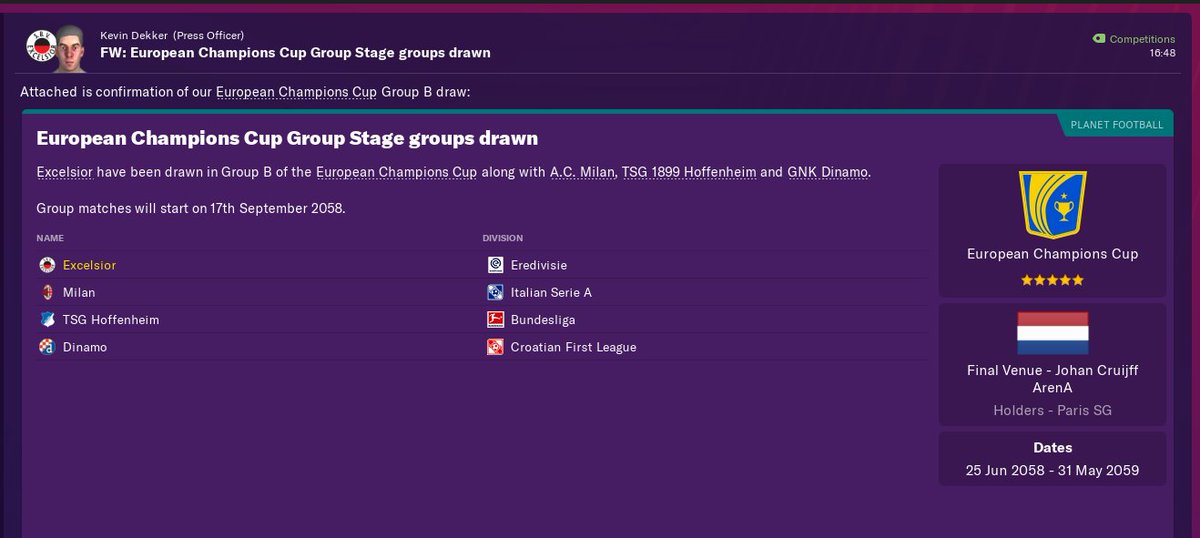 HarryBowFM's tweet photo. UEFA CHAMPIONS LEAGUE 2058/59
🌍 The draw for the UCL Group Stage has taken place...
🇳🇱 Excelsior
🇮🇹 AC Milan
🇩🇪 Hoffenheim (we beat in UCL semi final in 2056/57)
🇭🇷 Dinamo Zagreb

Shamrock Rovers miss out in playoffs and drop into UEL. Dundalk lost in UEL playoffs.

#Bow2058I59 https://t.co/dMDuu04OG5