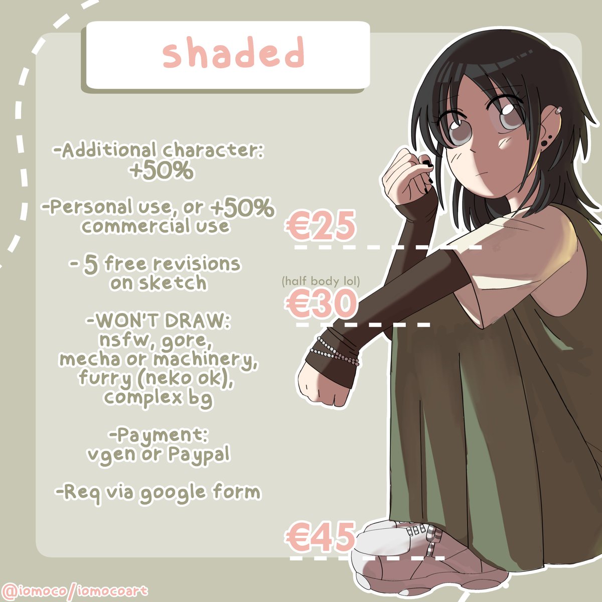 iomocoart's tweet photo. My commission sheet!! (finally lol). Feel free to contact me for any information or possible requests not included in the sheet! RTs are very appreciated 💚
Character illustration comm form -> https://t.co/RzGzosYf9K
Emote/Pngtuber/Vtuber comm form -> https://t.co/apAVmiB56R https://t.co/C8stHyrJxH