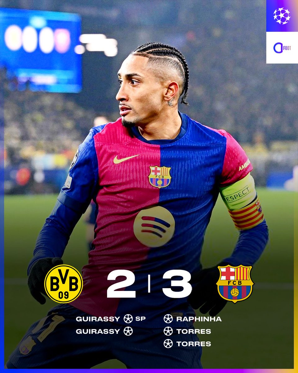 ActuFoot_'s tweet photo. 🚨 𝗟𝗘 𝗙𝗖 𝗕𝗔𝗥𝗖𝗘𝗟𝗢𝗡𝗘 𝗔𝗥𝗥𝗔𝗖𝗛𝗘 𝗟𝗔 𝗩𝗜𝗖𝗧𝗢𝗜𝗥𝗘 𝗙𝗔𝗖𝗘 𝗔̀ 𝗗𝗢𝗥𝗧𝗠𝗨𝗡𝗗 ! ✅💙❤️

Doublé de Ferran Torres et but de l’inévitable Raphinha.

Les Catalans valident leur place pour les barrages au minimum. https://t.co/6gohX4lgQZ