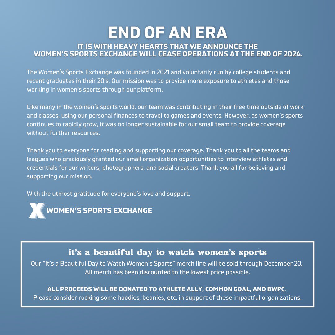 wsportsxchange's tweet image. The end of an era for us. 

Thank you to everyone who has supported us on this journey. Never stop supporting and showing up for women’s sports. 🤍