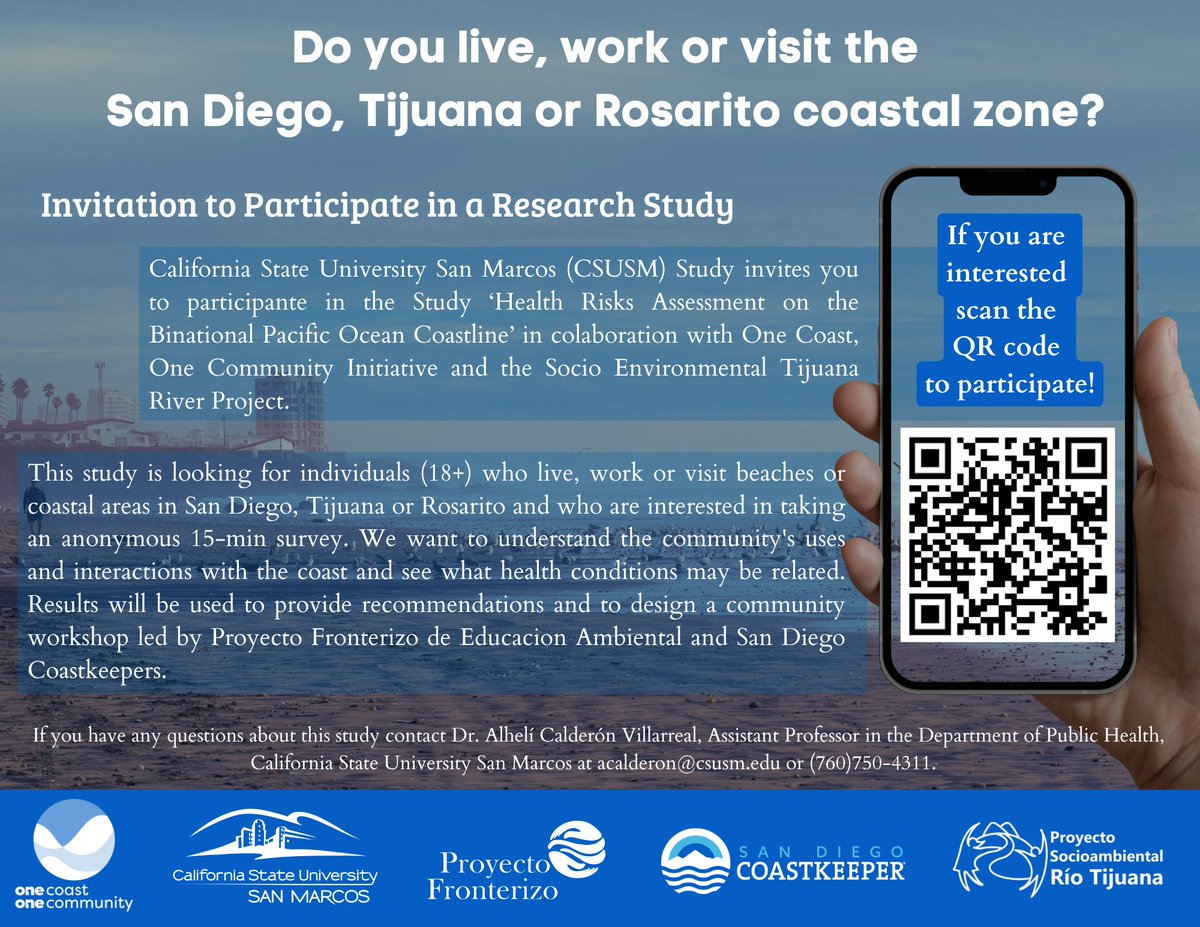 Do you live, work or visit the beaches or coastal area in San Diego, Tijuana or Rosarito? I invite you to participate in a research study to explore health risks associated with proximity and interactions with the Pacific Ocean coastline. It takes 15 min: t.ly/hJeKt