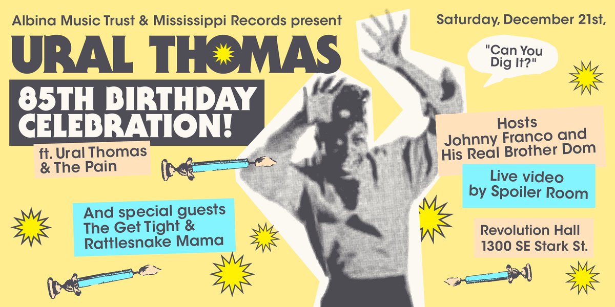 PDX Pipeline (@pdxpipeline) on Twitter photo Known to many as “Portland’s Pillar Of Soul”, Ural Thomas is set to receive a proclamation from the Portland declaring Dec. 21 “Ural Thomas Day”.
Celebrate <a href="/UralThomas/">Ural Thomas & The Pain</a> 85th Birthday Celebration with The Get Tight & Rattlesnake Mama at <a href="/RevHallpdx/">Revolution Hall</a> ---> pdxpipeline.com/x8tt Known to many as “Portland’s Pillar Of Soul”, Ural Thomas is set to receive a proclamation from the Portland declaring Dec. 21 “Ural Thomas Day”.
Celebrate <a href="/UralThomas/">Ural Thomas & The Pain</a> 85th Birthday Celebration with The Get Tight & Rattlesnake Mama at <a href="/RevHallpdx/">Revolution Hall</a> ---> pdxpipeline.com/x8tt