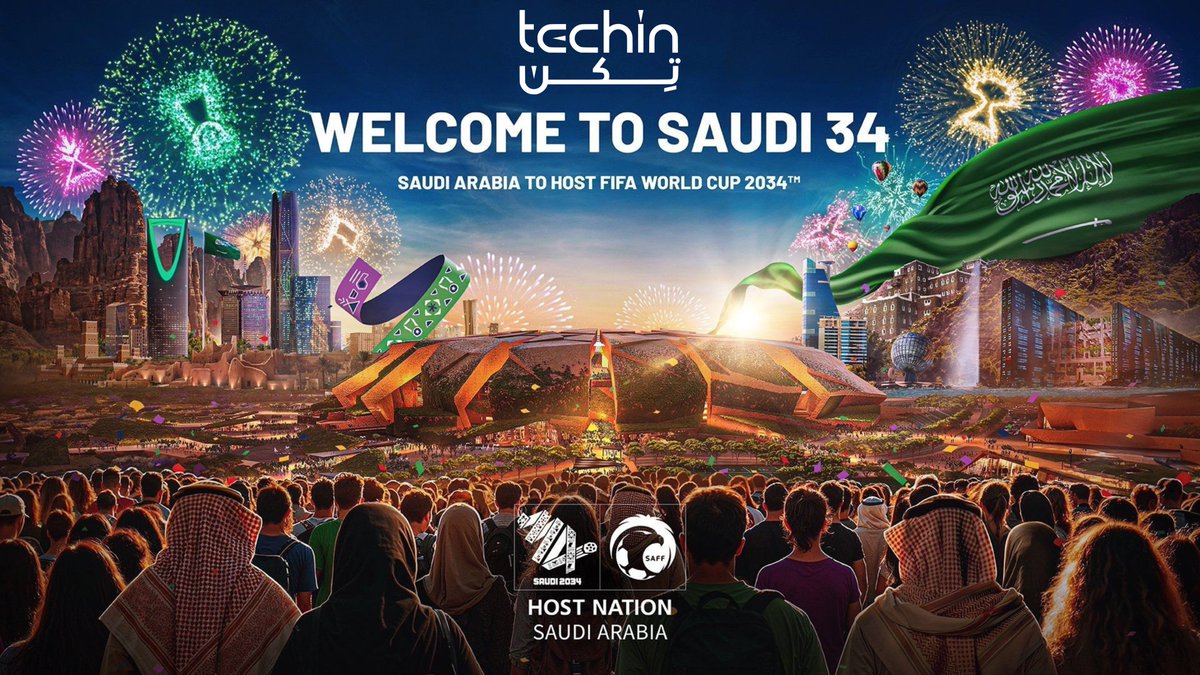 techin_Saudi's tweet photo. Tweet:

نبارك لقيادة المملكة العربية السعودية هذا الإنجاز التاريخي بفوزها باستضافة كأس العالم 2034. رؤية سمو #ولي_العهد: "نحن لا نحلم .. نحن نفكر في واقع يتحقق" تتجسد أمام أعين العالم. #السعودية34 #أهلا_بالعالم
#كاس_العالم_2034 🇸🇦🏆 https://t.co/Wi2dzrBVj1