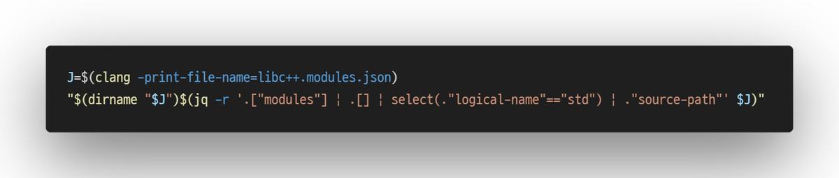 Nmlgc's tweet image. How to find the path to the C++23 `std` module:

• MSVC: %VCToolsInstallDir%\modules\std.ixx, easy
• Clang: Forcing build systems to now include or depend on a JSON parser 🙄