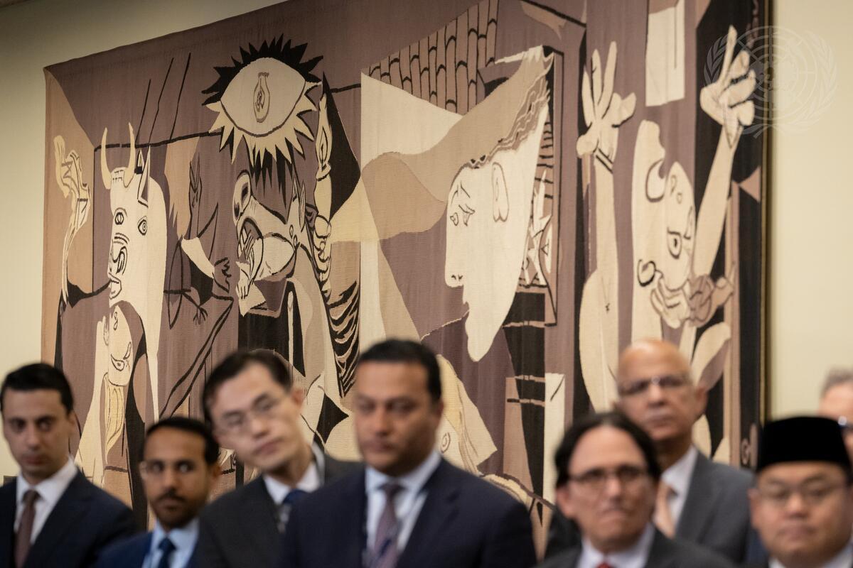 A view of participants in the press briefing with co-signatories of the letter calling for a halt to arms transfers to Israel with a view of Picasso’s Guernica tapestry behind. 

More UN photos from 2024: bit.ly/2024UNPhoto

UN Photo/Manuel Elías