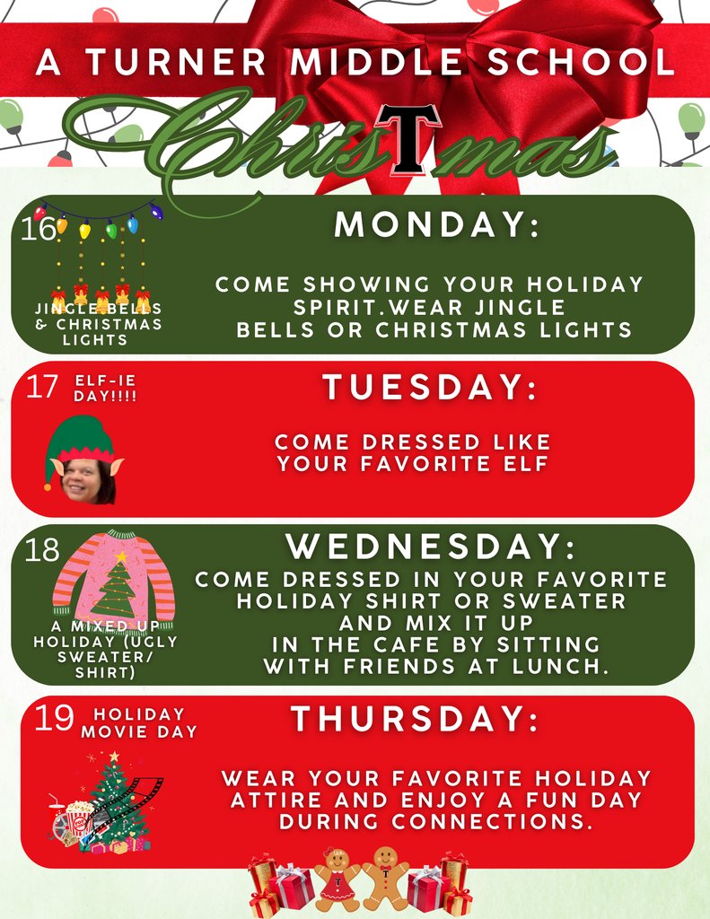 You asked for it.  Well, you GOT IT!  Student Holiday Spirit Week is NEXT WEEK.  Please have fun with the dress up days, but keep it classy. **Students must follow all dress code expectations.****