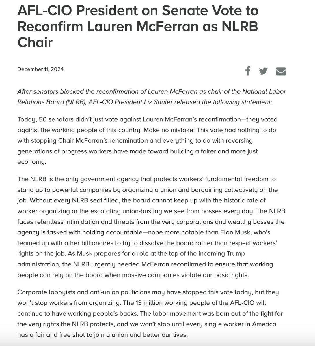 50 Senators sided with corporate bosses and billionaires by blocking McFerran’s reconfirmation for <a href="/NLRB/">NLRB</a> Chair. It’s a disgraceful attack on the freedom to organize and a betrayal of the progress workers have fought for. 

The labor movement will keep fighting, no matter what.