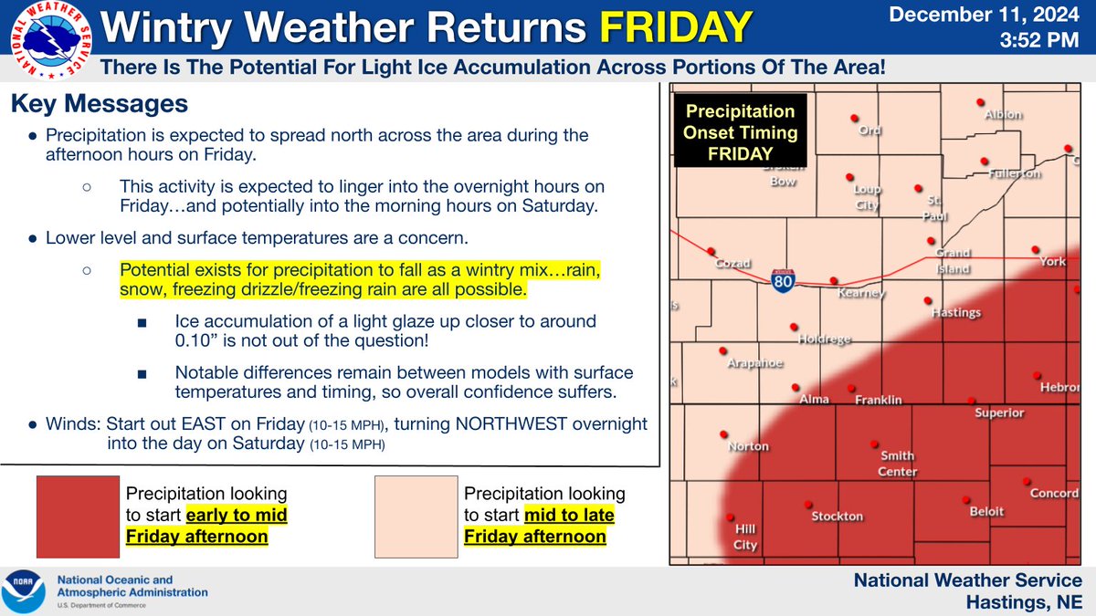 NWSHastings's tweet image. Wintry precip (including freezing drizzle/rain) remains a possibility Friday afternoon-night, with some ice accumulation not out of the question! Best precip chances are mainly along/east of Highway 281. Uncertainties remain-stay up to date with the latest forecast! #newx #kswx