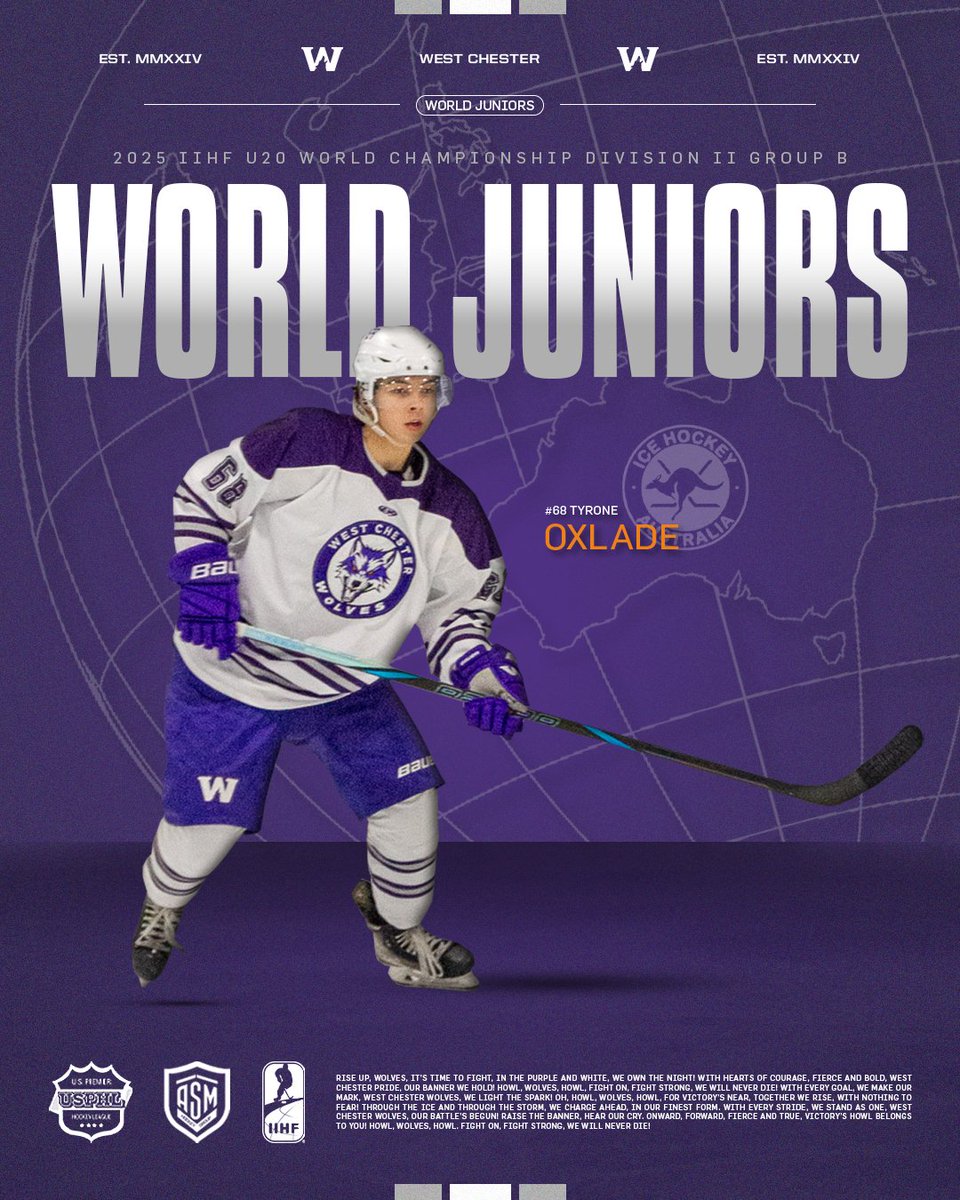 WC_Wolves's tweet photo. Congrats to defenseman Tyrone Oxlade on being selected to represent Team Australia 🇦🇺 at the 2025 IIHF U20 World Championship in Serbia!
📰 https://t.co/N4eyIyzF8M
#WestChesterWolves #USPHLPremier @USPHL https://t.co/pLFaIYUsTA