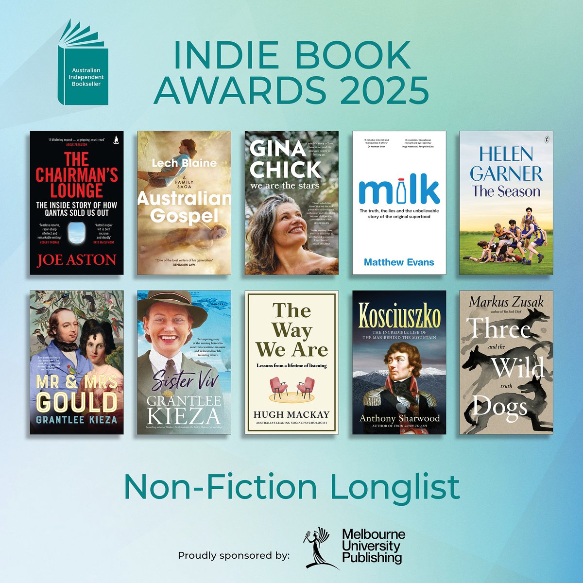 ausindiebooks (@ausindiebooks) on Twitter photo NON-FICTION LONGLIST #IndieBookAwards25
<a href="/mrjoeaston/">Joe Aston</a> <a href="/SimonSchusterAU/">SimonSchusterANZ</a> <a href="/lechblaine/">Lech Blaine</a> @BlackIncBooks Gina Chick <a href="/MatthewEvansFPF/">Matthew Evans</a> <a href="/murdochbooks/">Murdoch Books</a> Helen Garner <a href="/text_publishing/">Text Publishing</a> <a href="/Grantlee_Kieza/">Grantlee Kieza OAM</a> <a href="/HarperCollinsAU/">HarperCollins Aus</a> HughMackay <a href="/AllenAndUnwin/">Allen & Unwin</a> <a href="/antsharwood/">Anthony Sharwood ❄️</a> <a href="/HachetteAus/">Hachette Australia Books</a> <a href="/MarcusZusak/">Marcus Zusak</a> <a href="/MacmillanAus/">Pan Macmillan Aus</a> NON-FICTION LONGLIST #IndieBookAwards25
<a href="/mrjoeaston/">Joe Aston</a> <a href="/SimonSchusterAU/">SimonSchusterANZ</a> <a href="/lechblaine/">Lech Blaine</a> @BlackIncBooks Gina Chick <a href="/MatthewEvansFPF/">Matthew Evans</a> <a href="/murdochbooks/">Murdoch Books</a> Helen Garner <a href="/text_publishing/">Text Publishing</a> <a href="/Grantlee_Kieza/">Grantlee Kieza OAM</a> <a href="/HarperCollinsAU/">HarperCollins Aus</a> HughMackay <a href="/AllenAndUnwin/">Allen & Unwin</a> <a href="/antsharwood/">Anthony Sharwood ❄️</a> <a href="/HachetteAus/">Hachette Australia Books</a> <a href="/MarcusZusak/">Marcus Zusak</a> <a href="/MacmillanAus/">Pan Macmillan Aus</a>