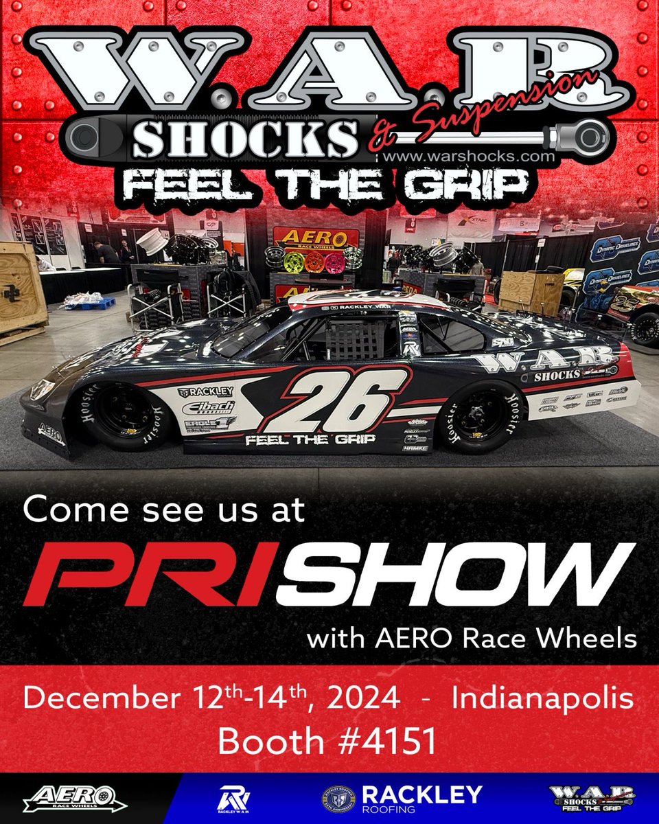 Be sure to stop by and see us at the 2024 <a href="/prishow/">Performance Racing Industry</a>  STARTING TOMORROW! (Thu - Fri 9-5, Sat 9-4). 

We are with our friends from #AERORaceWheels in Booth #4151! 

We look forward to discussing your 2025 asphalt or dirt race program needs! 🏁

#WARShocks | #FeelTheGrip | #PRI