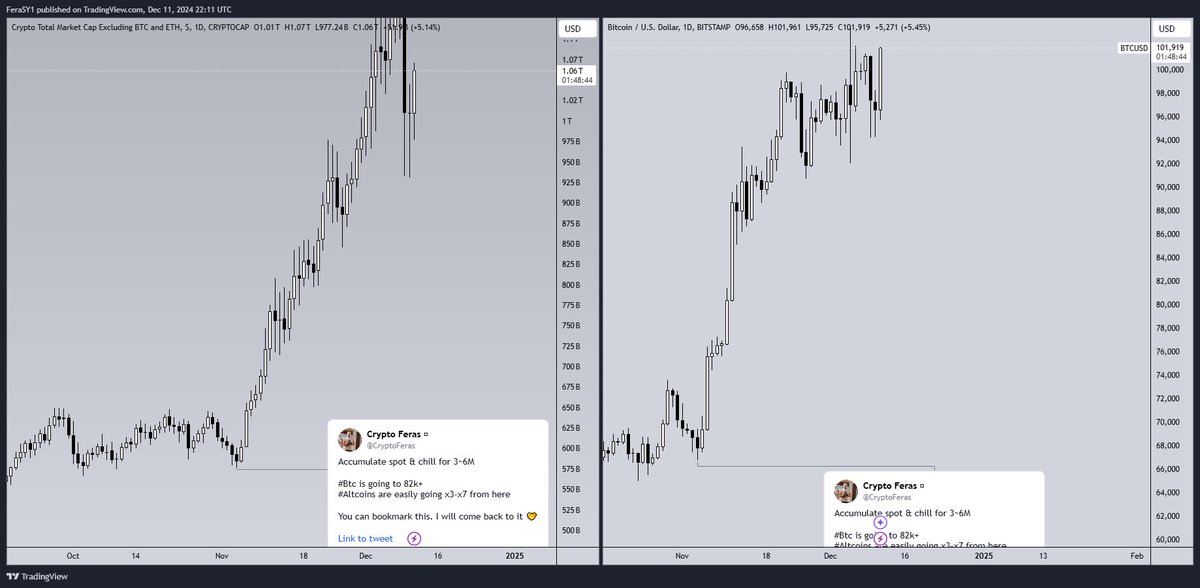 CryptoFeras's tweet photo. Did you bookmark it?

Shared this on 5th of Nov when #Alts were doomed and #BTC was going down ~65k

many were laughing, many said it's over, here we are.
#Bitcoin above 100k
#Total3 is up +100%

and guess what, the real show didn't even start yet, especially for #Altcoins 

Higher we go.
📸