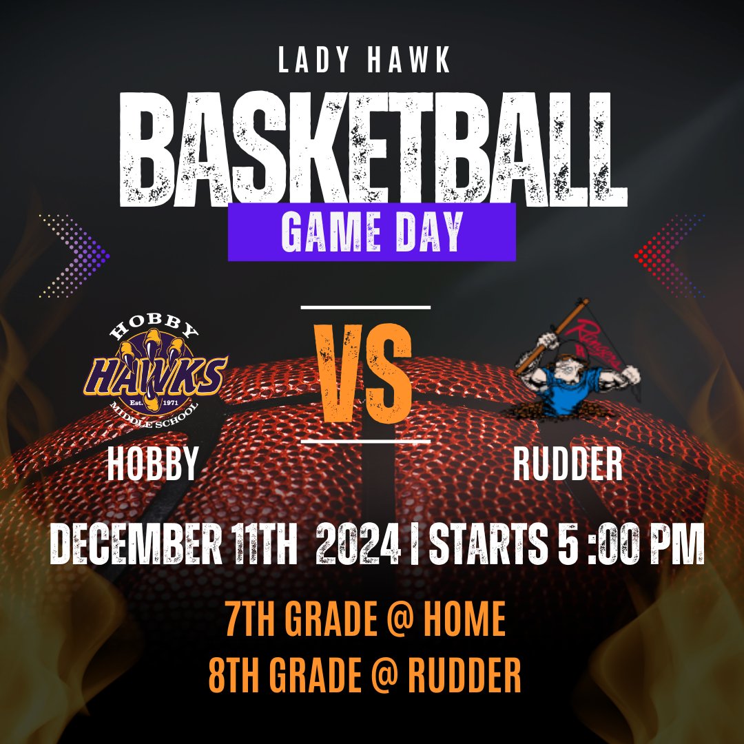 Its game day for our Lady Hawks as they take on the Rudder Rangers! Games begin at 5:00 pm, with 7th at Home and 8th at Rudder. #Positivepurplepower #GameDay
<a href="/HobbyGirlsATH/">Hobby Girls’ Athletics</a>