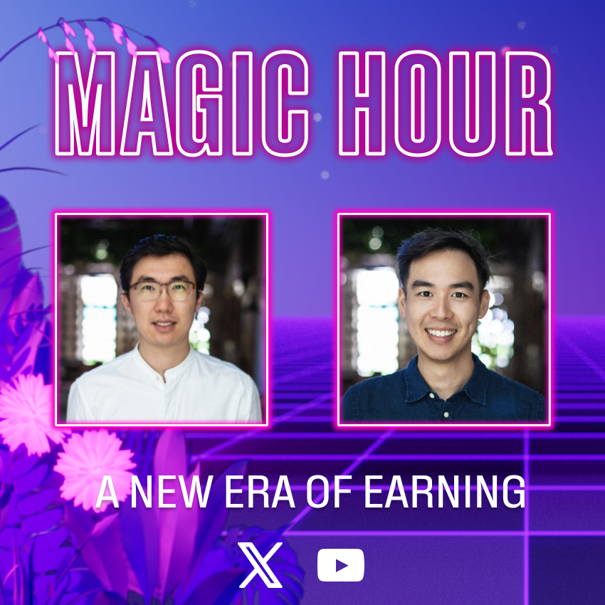 Magic Hour Episode 4 🎥 *Update*

Join Magic Eden co-founders <a href="/0xLeoInRio/">Jack</a> and <a href="/ZhuoxunYin/">ZEDD</a> tomorrow to talk about a new era of earning:

Questing and Staking 🪄

Tomorrow, 12/12 at 12 PM ET. Live on X and YouTube.