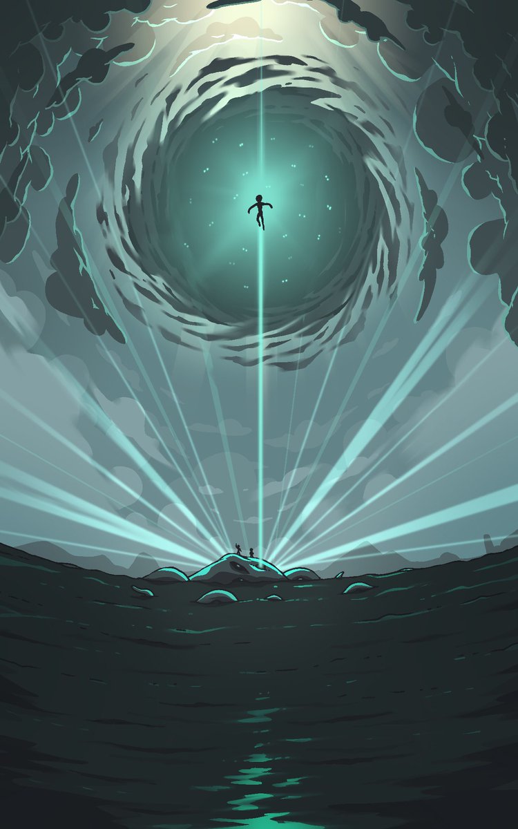 From the aftermath of the Kraken's defeat, a radiant beam of light burst forth from its lifeless body, spreading in all directions. Above, the sky twisted and swirled, giving way to a dark yet luminous portal. Within the portal, a mysterious, levitating figure emerged, cloaked in