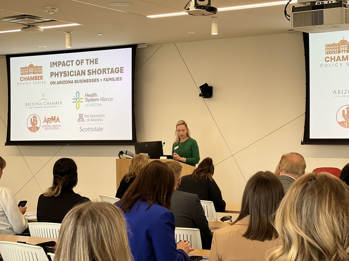 HSAA President and CEO <a href="/BSKaufmann/">Brittney S. Kaufmann</a> kicks off the Impact of the Physician Shortage policy briefing in partnership with <a href="/AZChamber/">Arizona Chamber</a> <a href="/ArizonaMedicine/">Arizona Medical Association (ArMA)</a> <a href="/uarizona/">University of Arizona</a>.