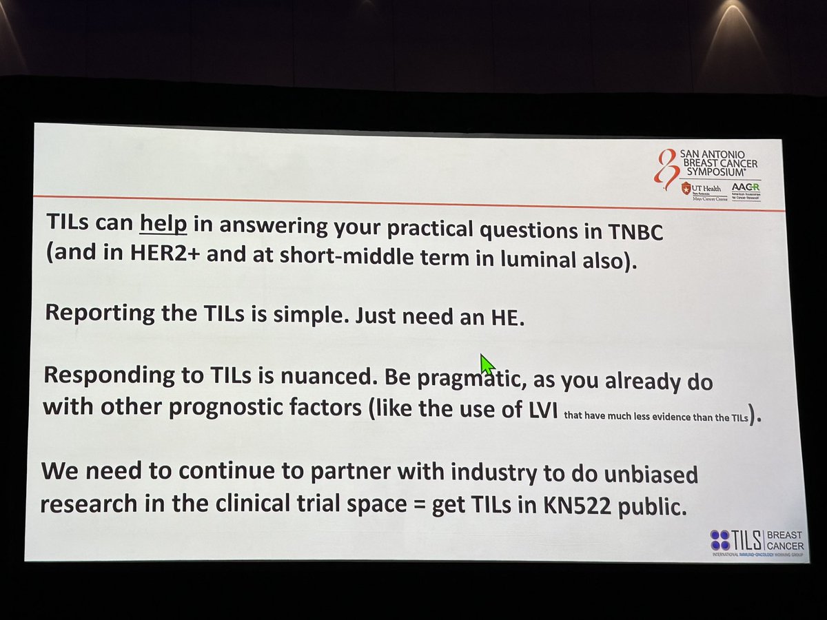 aditihazra's tweet photo. Thank you Dr. Roberto Salgado for the masterclass on #TILs at @SABCSSanAntonio.
Key takeaway:
“TILs are for TNBC (and HER2) what grade is for luminal disease.”
#bcsm #SABCS24 #TILs #KN522 @TILsWorkGroup https://t.co/tqItbOIOzv