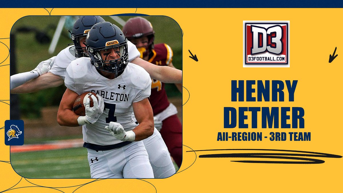 .@carletonfb safety Henry Detmer was named to his second consecutive <a href="/d3football/">D3football.com</a> All-Region 6 Team.
Release: ow.ly/xvOq50Upwlj
#HailTheMaizeAndBlue
#d3fb