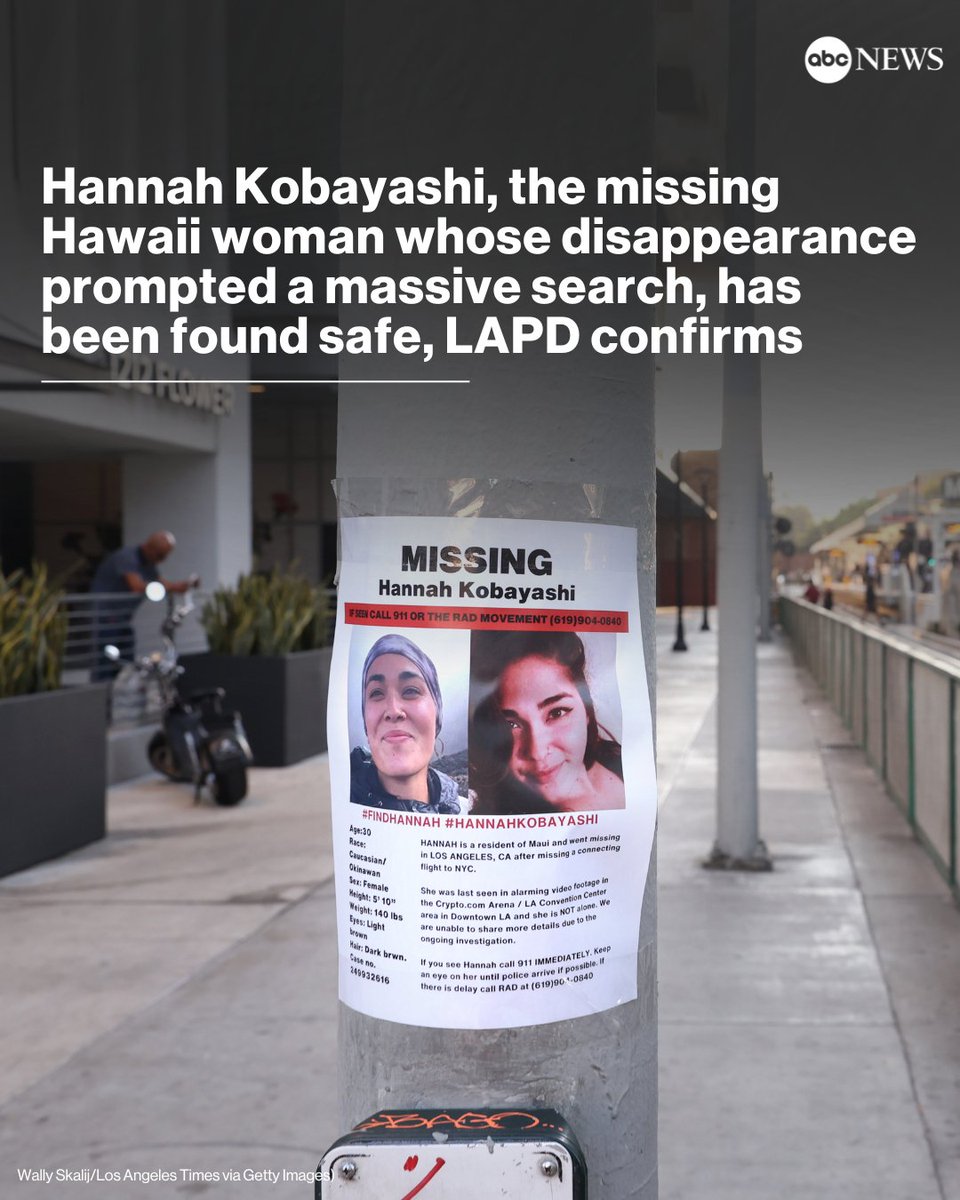 Hannah Kobayashi, the missing Hawaii woman whose disappearance prompted a  massive search, has been found safe, the Los Angeles Police Department said  Wednesday. Read more: https://t.co/tXpCsBHyLW
