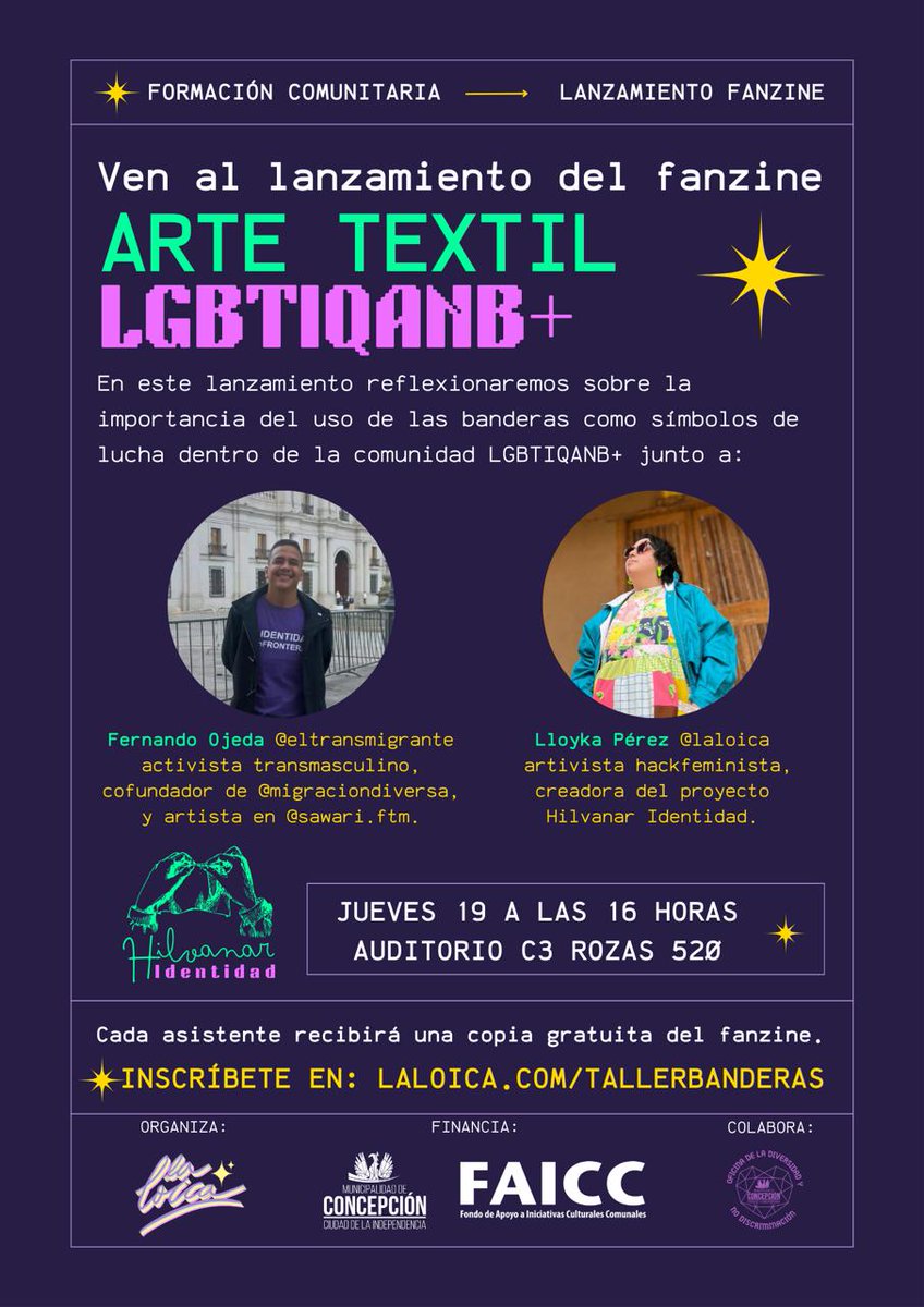 TallerLaLoica's tweet photo. Ven al lanzamiento del Fanzine Arte Textil LGBTIQANB+  https://t.co/Zj6Zs4a0nO #Concepcion https://t.co/1qoUlIbO64