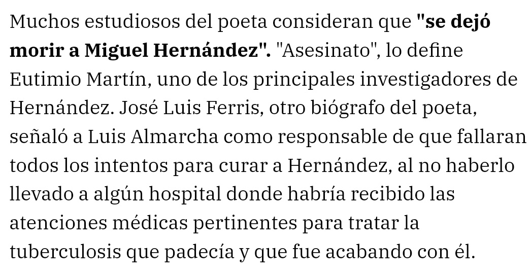 IkerMadrid12's tweet photo. Y es el propio artículo el que, tras decir que no habría que politizar la muerte de Hernández (sic), afirma: "Muchos estudiosos del poeta consideran que "se dejó morir a Miguel Hernández". "Asesinato", lo define Eutimio Martín, uno de los principales investigadores de Hernández". https://t.co/VSspAGrioy
