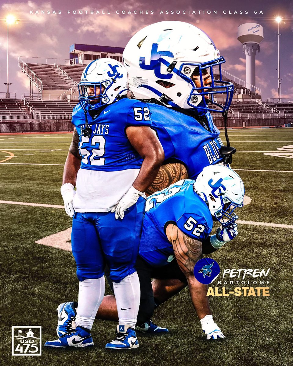 📣 Congrats to Junction City High School USD 475 🏈 standout Petren Bartolome on being named a Kansas Football Coaches Association 2024 All-State selection. Since 2019, the Blue Jays have had at least one student-athlete named an all-state honoree on the gridiron. #ThriveIn475
