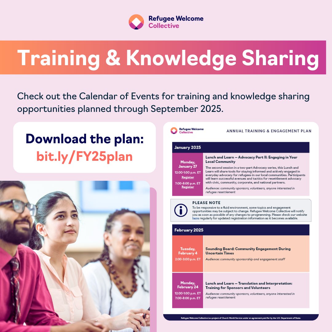 RefugeeWelcome_'s tweet photo. Never miss a training or knowledge sharing session with our training and engagement plan! Learn about upcoming webinars and how you can stay up-to-date on RWC’s offerings throughout the year using this handy plan including a calendar of events.

Download: https://t.co/QUZXh82BMV https://t.co/R6WB2FWkDK