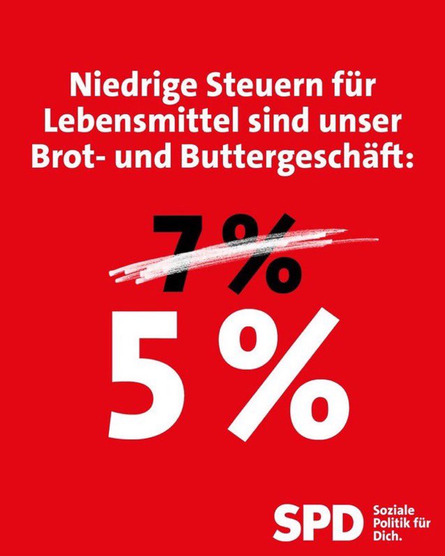 5% für die SPD statt für Butter!
Erst hat die SPD die Gastrosteuer von 7% auf 19% erhöht, obwohl Scholz versprochen hatte, dass es bei 7% bleibt. Jetzt verspricht er 5% statt 7% bei Lebensmitteln. Besser wäre, die SPD bekäme nur 5%, dann könnten wir viele Steuern senken.