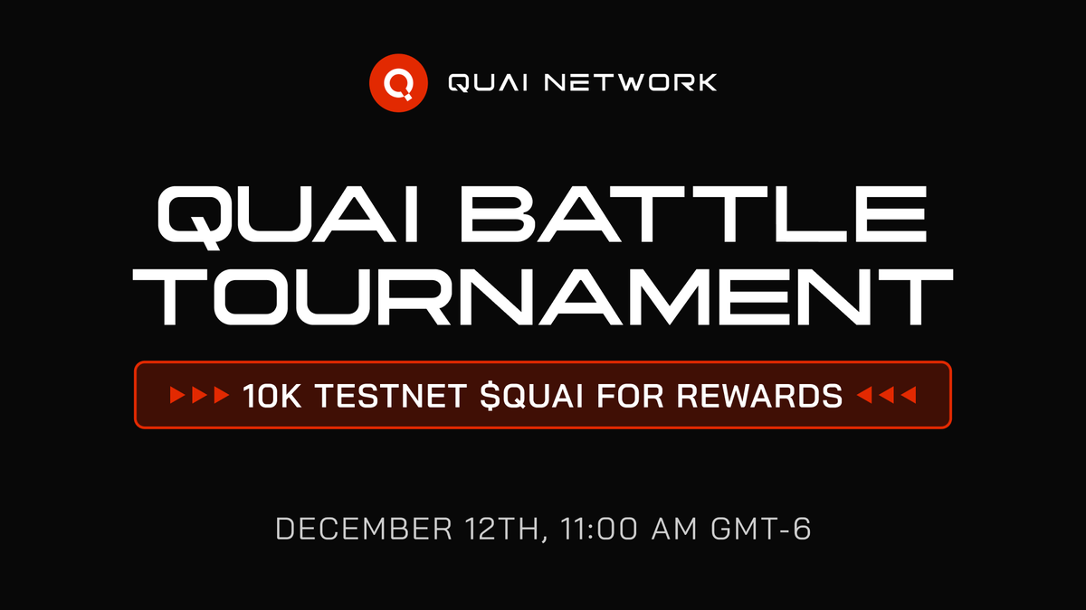 QuaiNetwork's tweet photo. ⚔️ QuaiBattle Tournament Alert! ⚔️

Get ready for some action this Thursday during Game Hour🎲 

We're hosting an epic tournament with @quaibattle!

Top 3 deadliest killers are going to share 10,000 testnet $QUAI in rewards: 

🥇 1st place: 6,000 testnet $QUAI
🥈 2nd place: 3,000 testnet $QUAI
🥉 3rd place: 1,000 testnet $QUAI

📅 Thursday, Dec 12
🕔 17:00 UTC

Go train up before we start! 💀
🔗https://t.co/luvnqAdJNr