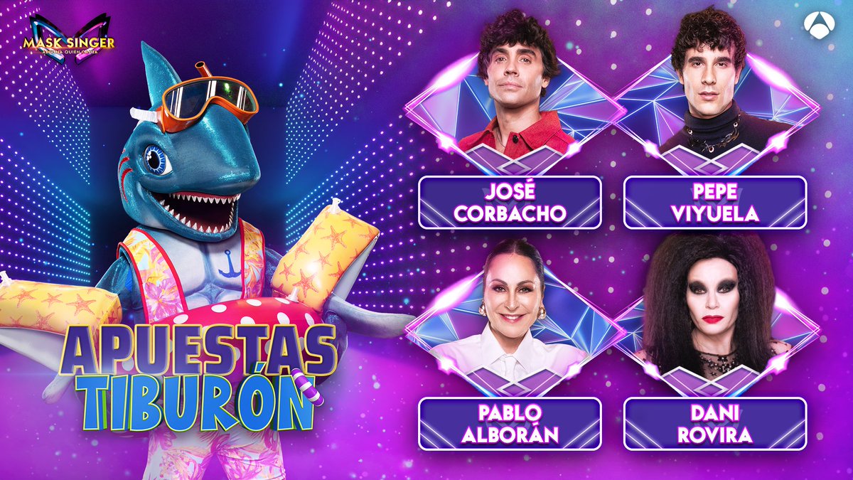 MaskSingerA3's tweet image. 🦈 Apuestas sobre Tiburón:

- @javviercalvo: Pepe Viyuela
- Javier Ambrossi: José Corbacho (@josecorbacho)
- @OficialAlaska: Dani Rovira (@DANIROVIRA)
- Ana Milán: Pablo Alborán (@pabloalboran)

Directo ▶️ atres.red/fwula #MaskSingerFinal