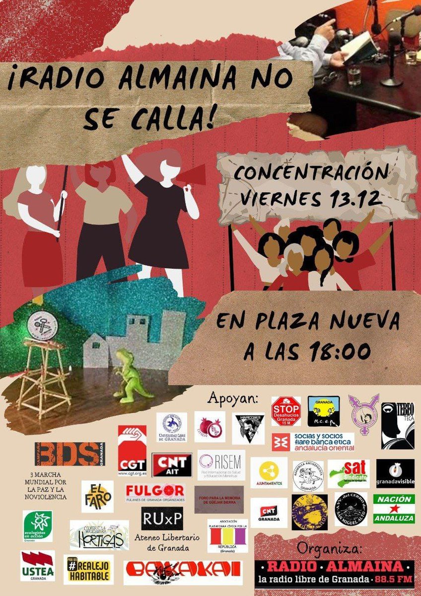 cntaitgranada's tweet photo. Radio Almainca ha convocado concentración este viernes 13 de Diciembre a las 18h en Plaza Nueva contra los intentos de la Junta de Andalucía por cerrarla y obstruirla.

Desde CNT-AIT Granada apoyamos dicha movilización y estaremos presentes como colectivo. https://t.co/QjZ5LwXXVa