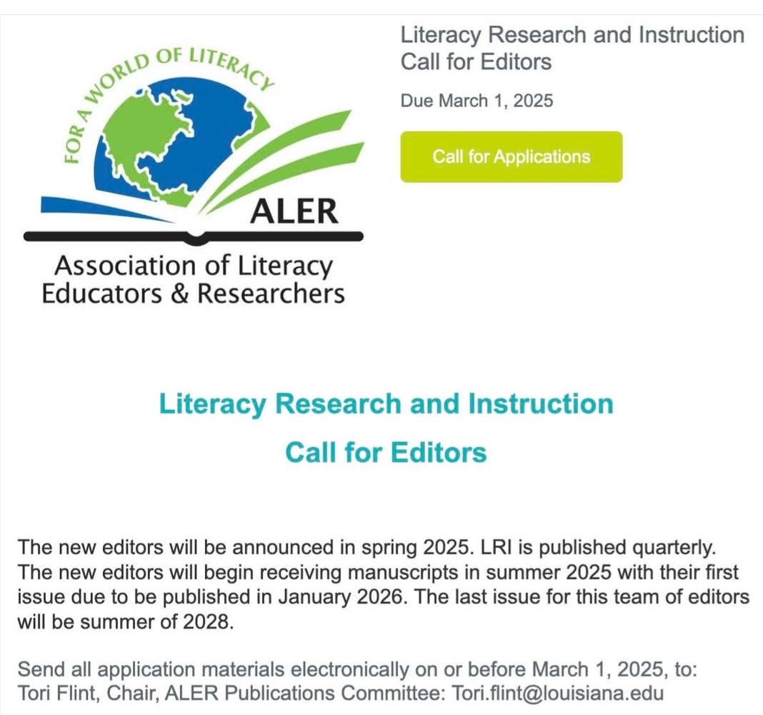 Literacy, Research, and Instruction is seeking applications for a new editorial team!  This is the flagship journal of ALER. See details below. Apllications are due March 1, 2025.
drive.google.com/file/d/1KI9q6f…
