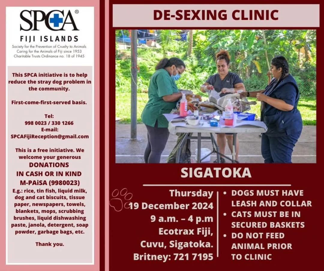prevention_to's tweet photo. Bula Higatoka! Check out our next outreach clinics in your areas coming soon! For more information please email spcafijireception@gmail.com. https://t.co/aVzL80iqq1