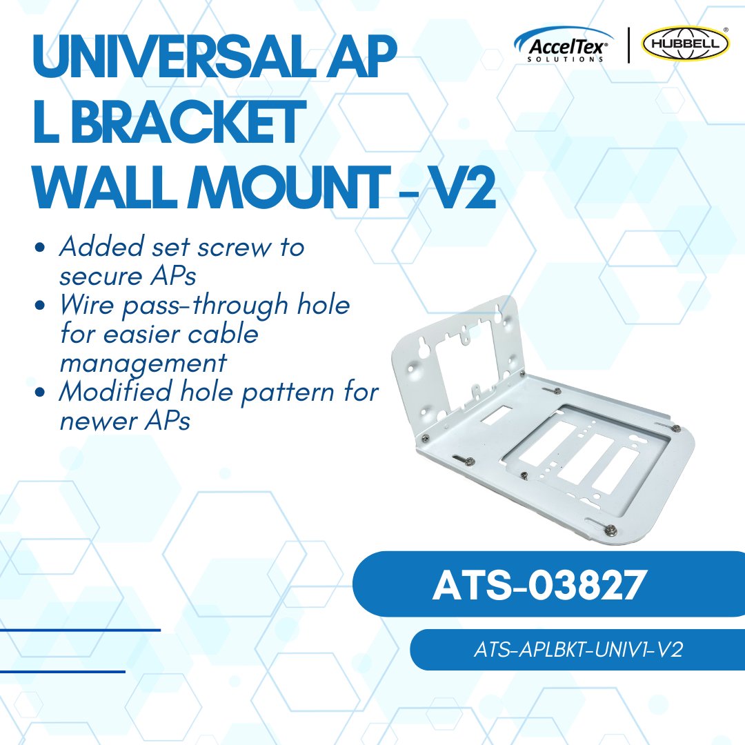 AccelTex's tweet photo. The latest version of the AP L-Bracket Wall Mount is available. This version has a few updated features including an opening for easier cable management & an updated hole pattern for the latest APs.
https://t.co/KvNr20XH9y
#acceltex #wifi #wifisolutions #wifidesign #wifimount https://t.co/6J6JsKB4Ax