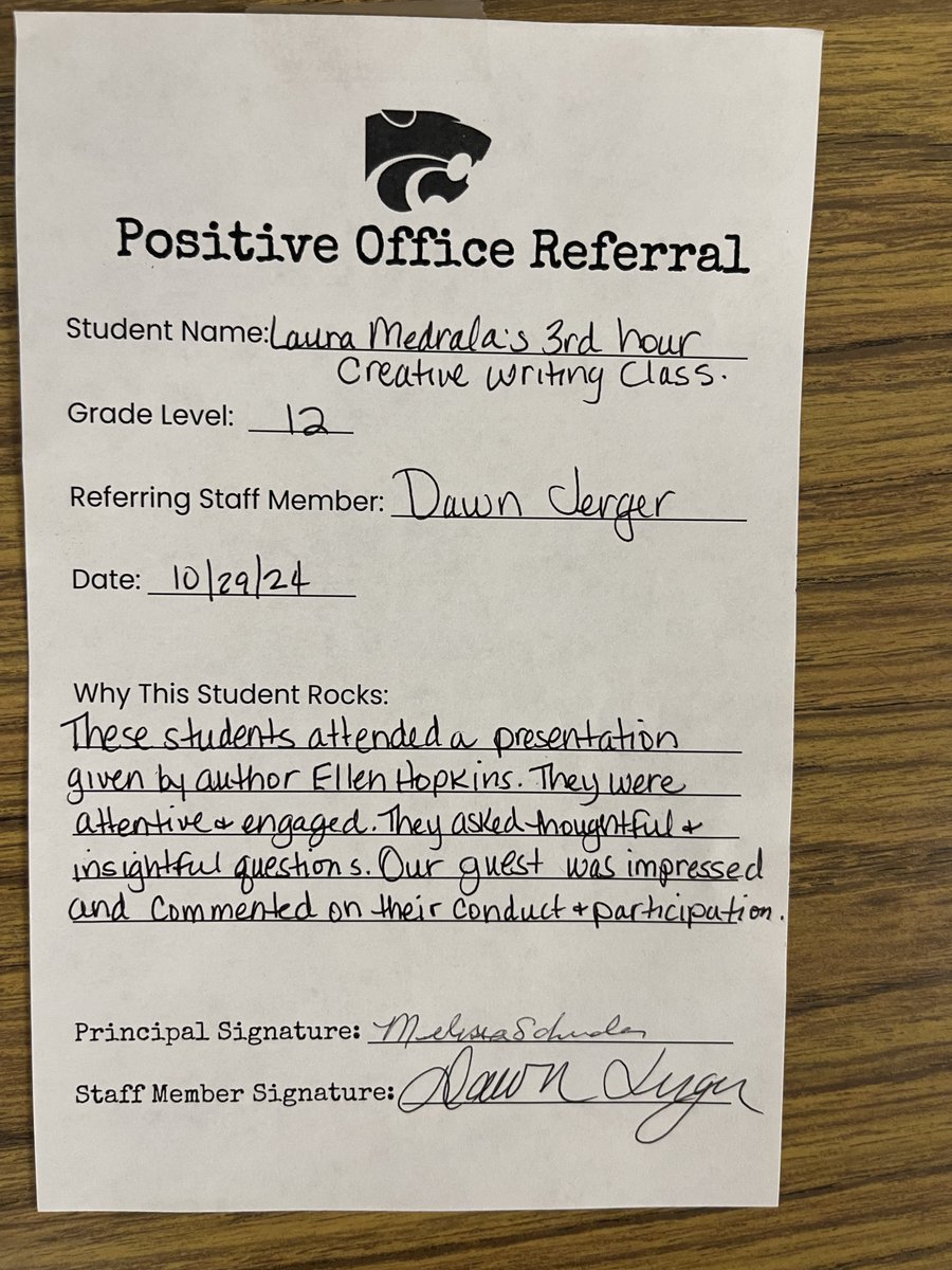 Shout out to Mrs. Medrala's class for for going above and beyond for an author visit.  The author commented on how amazing her third hour class was during the presentation!  Keep up the great work!
