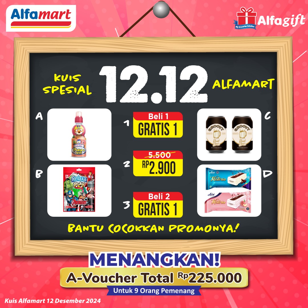 alfamart's tweet photo. ✨ Kuis Alfamart Spesial 12.12 🥳

Soalnya tentang produk yang lagi promo di 12.12 Alfamart, cocokan produknya dengan promonya di Promo Double Date 12.12 Alfamart

Komen jawabanmu dengan hashtag #KuisAlfamart lalu Follow &amp; Like 5 postingan sebelumnya 😉⁣⁣⁣ https://t.co/tibZUFm8gU