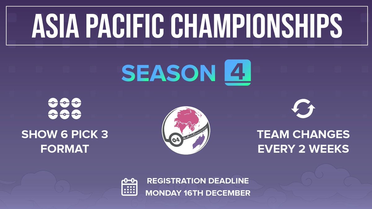 APC_PoGo's tweet photo. Season 4️⃣ of the 🌏 Asia Pacific Championships 🏆 is starting soon!

🏟 If you are an Asian trainer, come and battle alongside top Asian players and practice your Show 6 skills for the official circuit!

📝 Register to compete at the link below ⬇️

⛓https://t.co/cN51thhNIQ https://t.co/iUlAvj00Iq