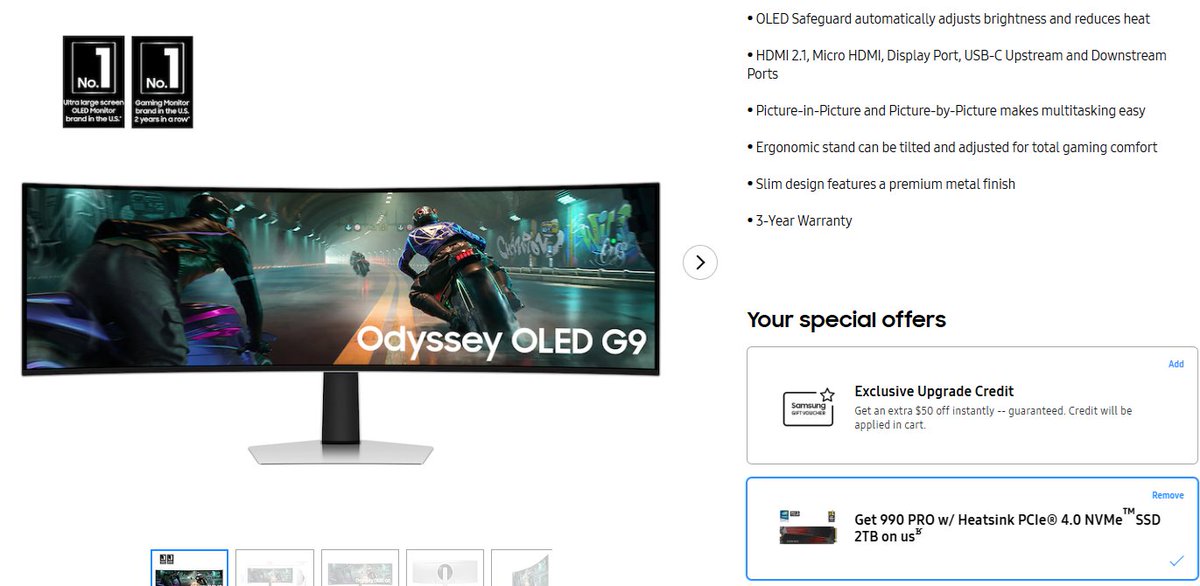 49" Odyssey OLED G9 Dual QHD 144Hz 0.03ms Curved Gaming Monitor + 2TB 990 PRO SSD with Heatsink $849 at Samsung bit.ly/4gc4VsA

Apply "Exclusive Upgrade Credit" for $50 off in Cart
As low as $800 with EDU / EPP Program Discounts

#Samsung #Deals #Ad