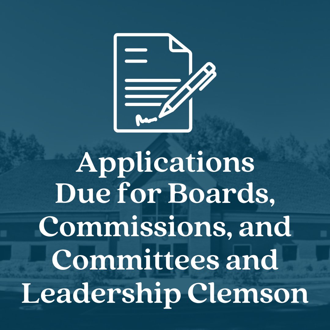 As a reminder, applications for various boards, comissions, and committee positions as well as Leadership Clemson 2025 are due on Thursday, December 13, 2024. To learn more about these various opportunities, visit clemsoncity.org.
