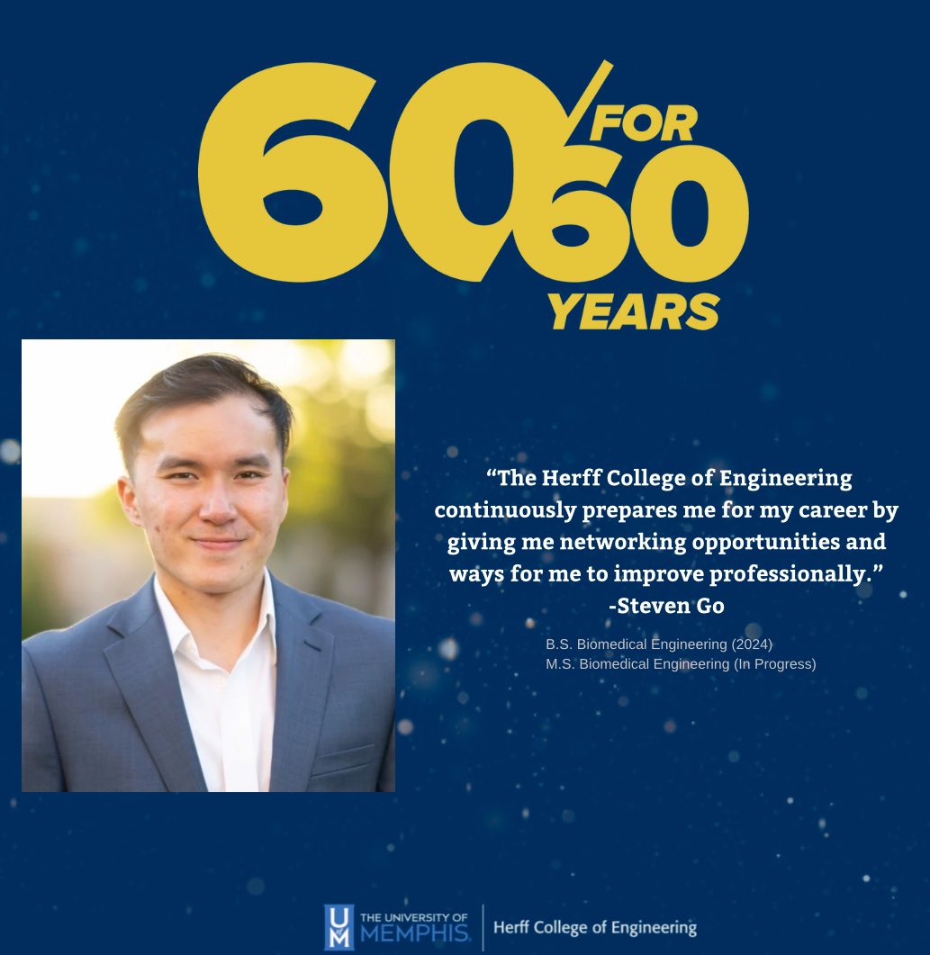 We’re excited to highlight Steven Go, Biomedical Engineering Alum in our latest 60 for 60 series! Steven’s story is one you won’t want to miss! Learn more about Steven: memphis.edu/herff/news-eve…