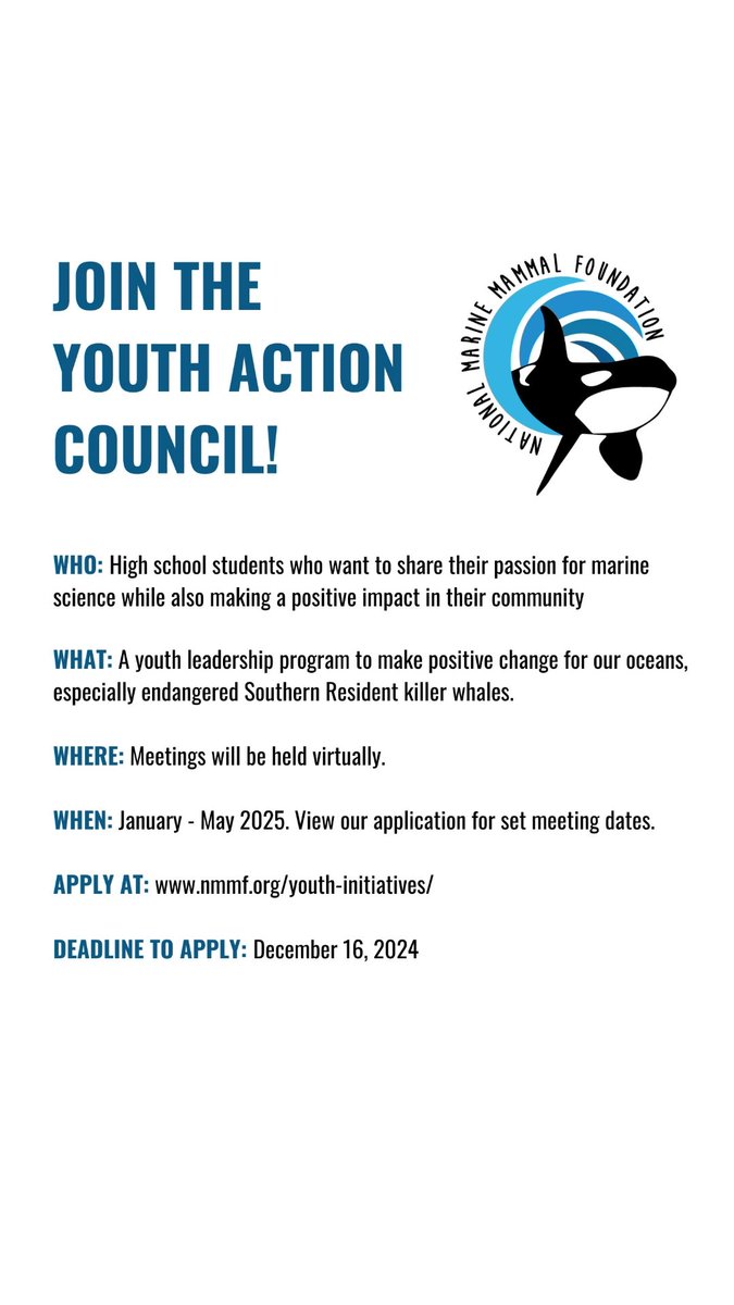 Calling all high school students 🌊 Youth Action Council is a joint conservation program of <a href="/PacificMMC/">Pacific Marine Mammal Center</a> , @nationalmarinemammal, and <a href="/MMCCLA/">Marine Mammal Care Los Angeles | marinemammalcare</a> , funded by <a href="/NOAAFisheries/">NOAA Fisheries</a> 🌊 Link in bio to apply!