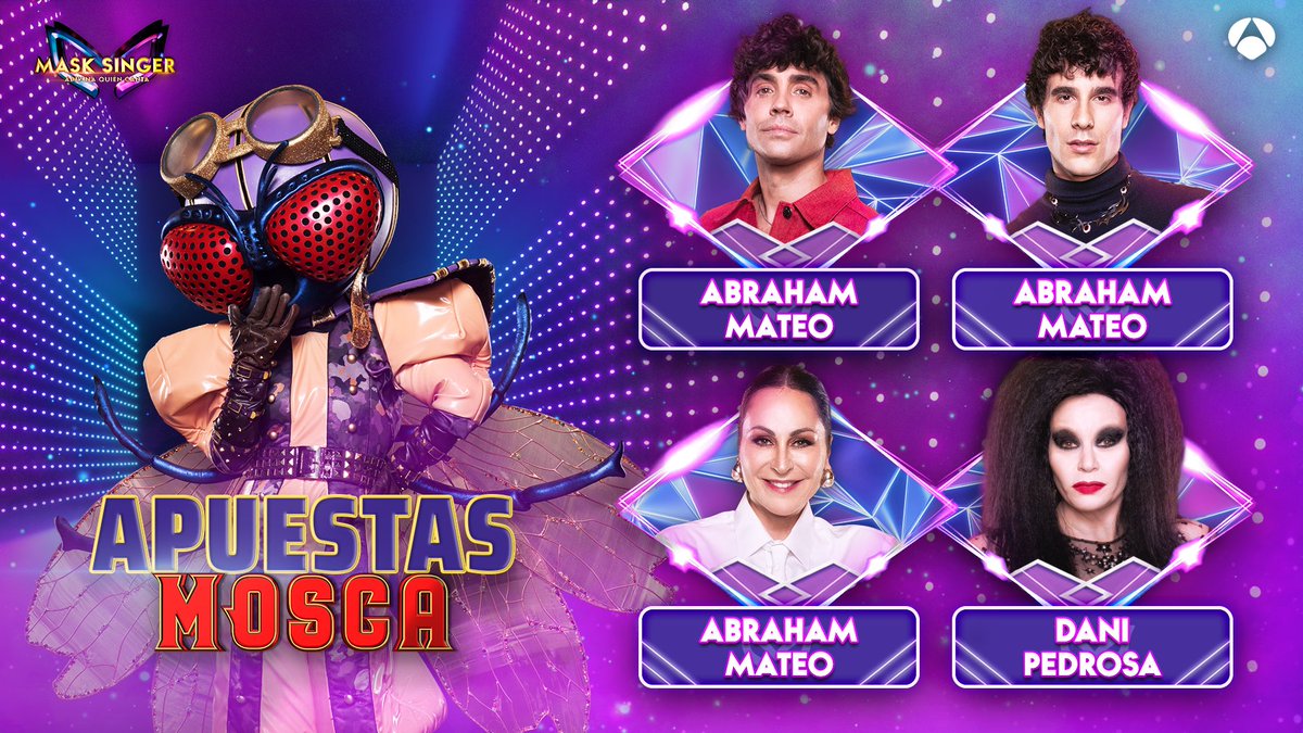 MaskSingerA3's tweet image. 🪰 Apuestas sobre Mosca:

- @javviercalvo: Abraham Mateo (@AbrahamMateo)
- Javier Ambrossi: Abraham Mateo (@AbrahamMateo)
- @OficialAlaska: Dani Pedrosa (@26_DaniPedrosa)
- Ana Milán: Abraham Mateo (@AbrahamMateo)

Directo ▶️ atres.red/fwula #MaskSingerFinal