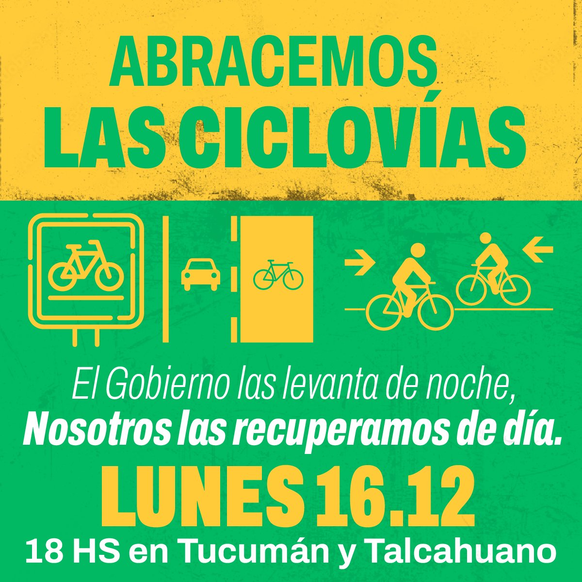 El Gobierno de la Ciudad de BSAS comenzó a levantar ciclovías. 

Convocamos junto a otras organizaciones a manifestarnos y ABRAZAR a la red de ciclovías.

Lunes 16.12  
18 horas en Tucumán y Talchauano.

Invitá a tus amistades y a toda persona que quiera sumarse con y sin bici.